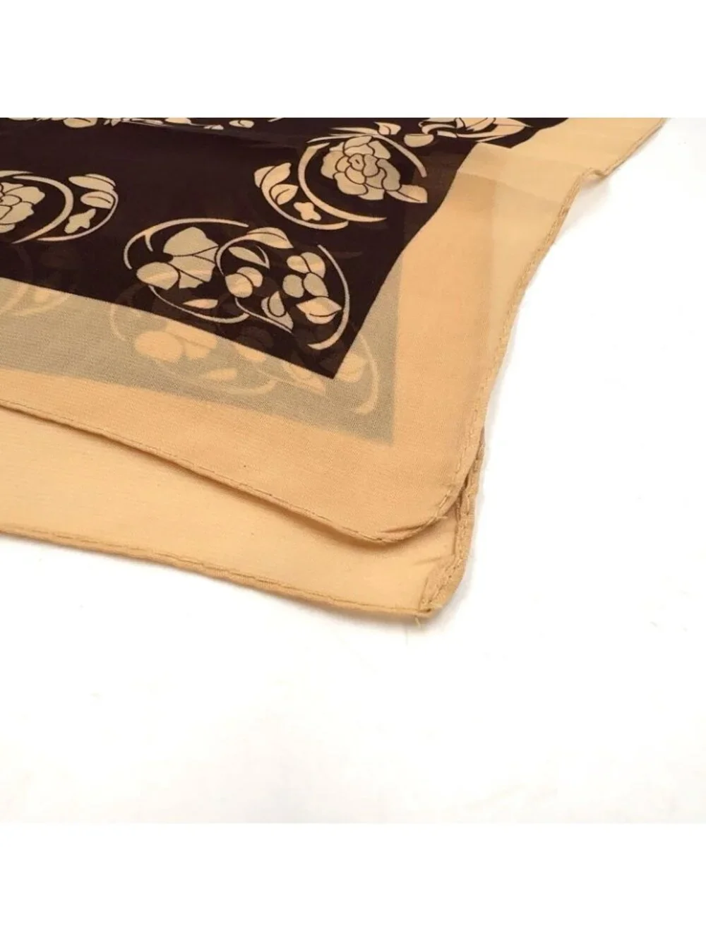 Chanel CC Logo Flower Motif Silk Brown Beige Scarf